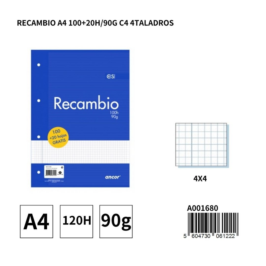 Papel A4 multihoyo 120 hojas 90g 4X4 cuadrículas - Recambio