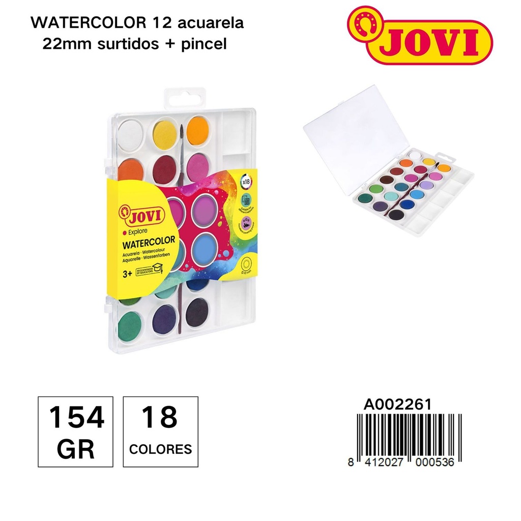 Acuarelas JOVI 18 colores + pincel - Material de manualidades