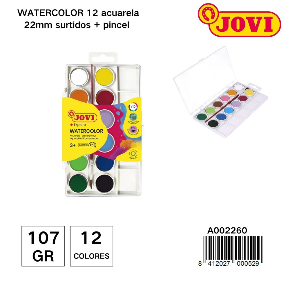 Pintura acuarelas JOVI 12 colores + pincel - Material escolar