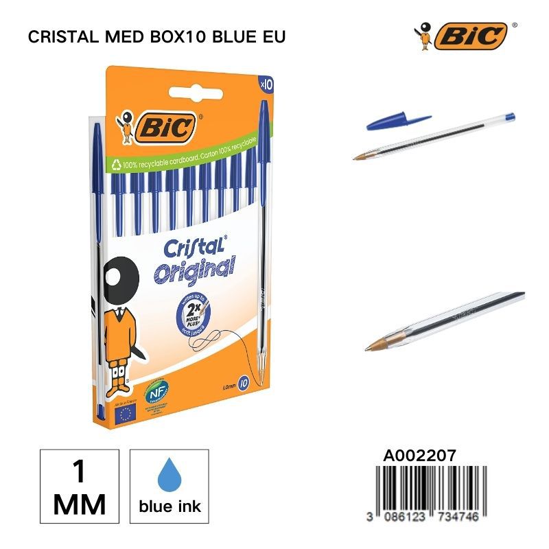 Bolígrafo BIC Crystal Med 1MM - Caja de 10 unidades azules
