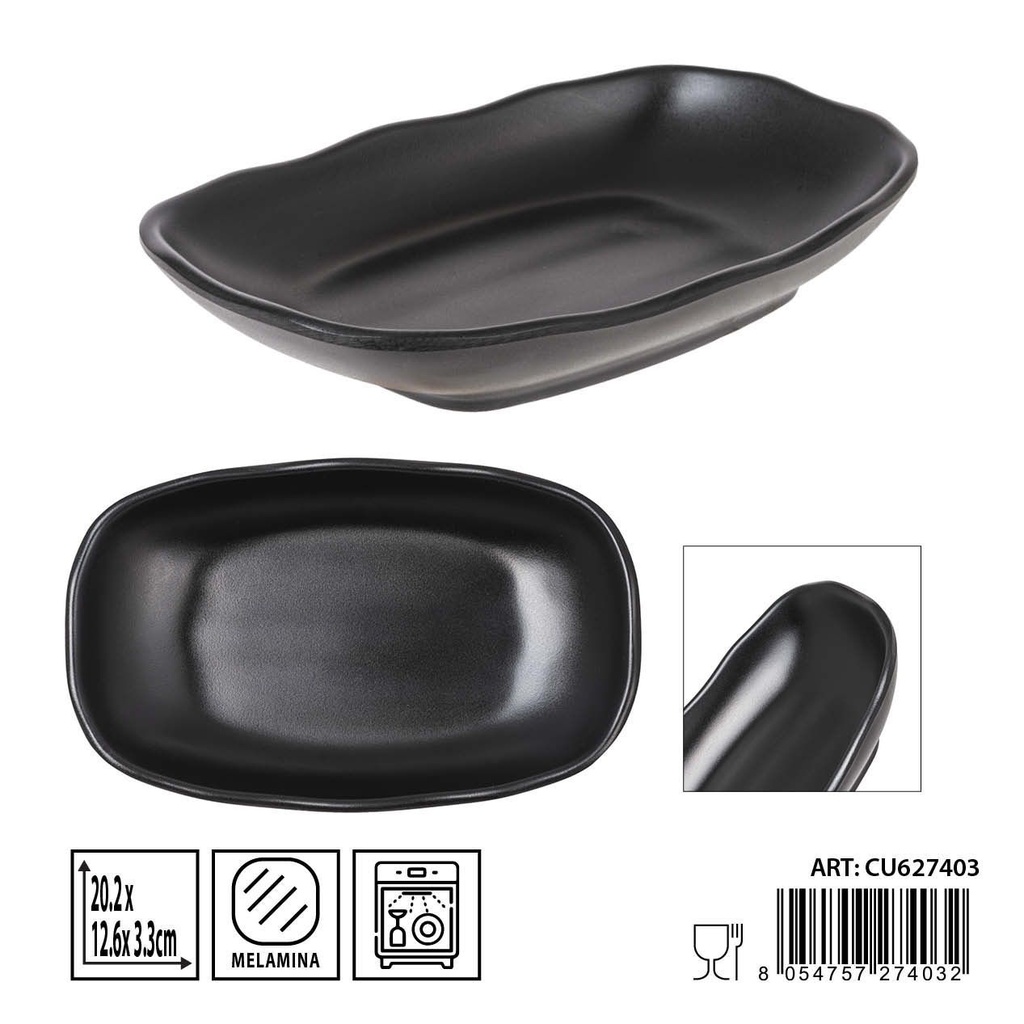 Plato melamina rectangular negro 20,2X12,6X3,3CM - Utensilios de cocina y mesa