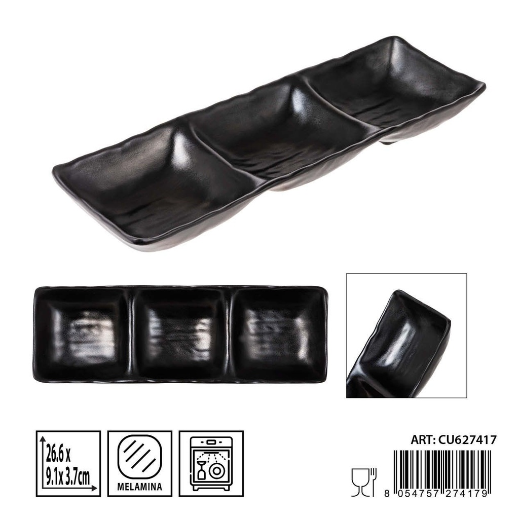 Salsita triple de melamina negra 26.6x9.1x3.7 cm - Utensilios de cocina