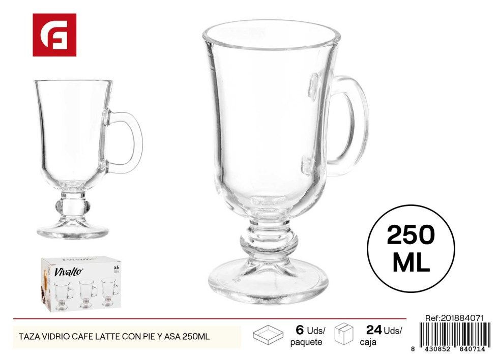Taza de vidrio café latte 250ml con pie y asa - Vajilla de vidrio