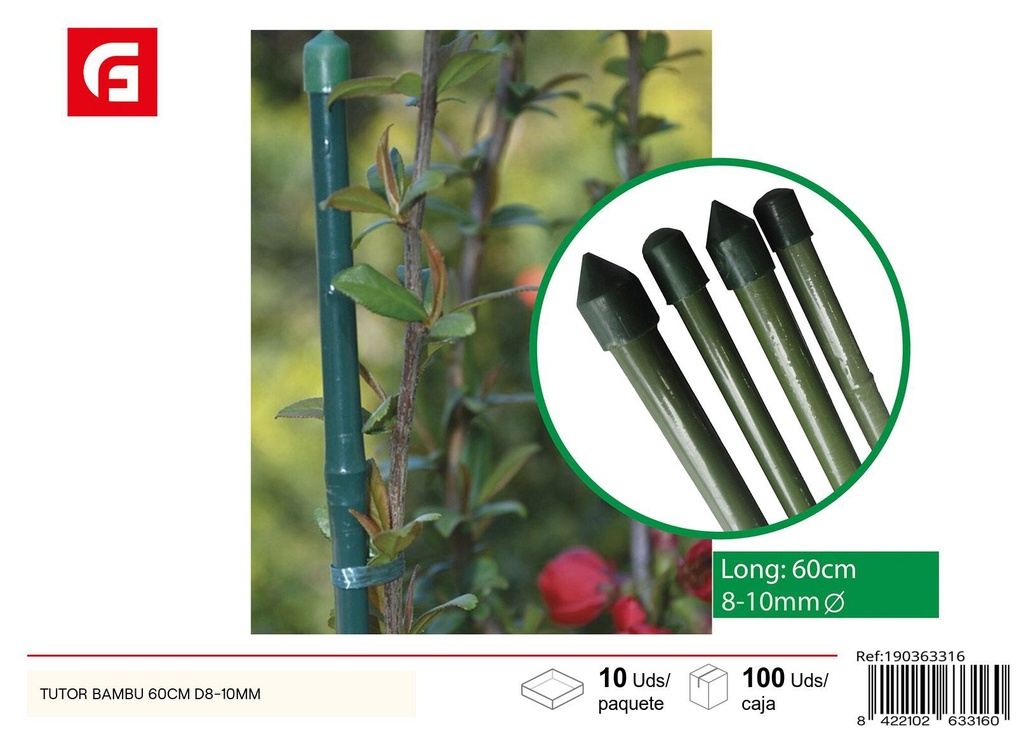 Tutor de bambú 60 cm diámetro 8-10 mm - Apoyo para plantas y jardín