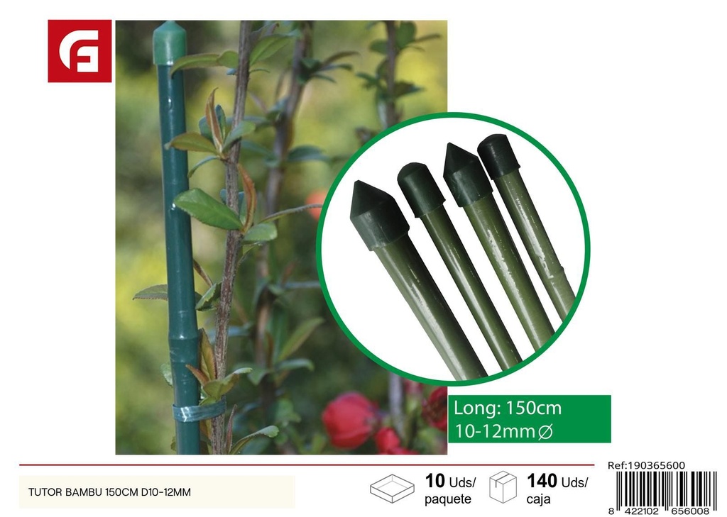 Tutor de bambú 150 cm diámetro 10-12 mm - Apoyo para plantas y jardín