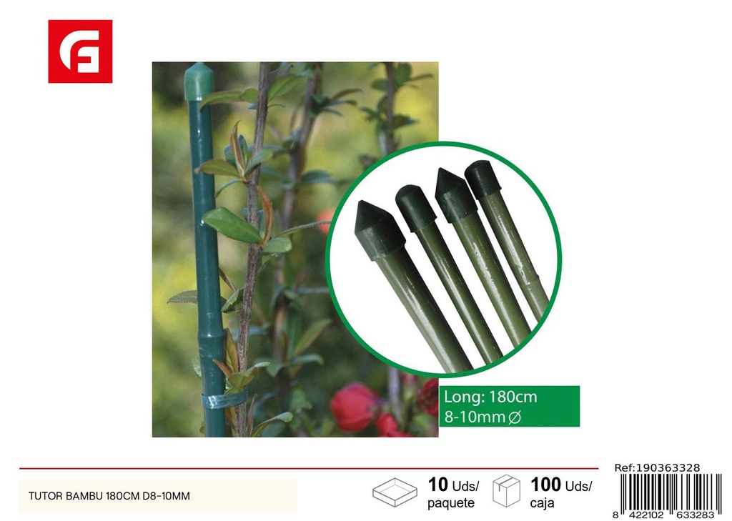 Tutor de bambú 180 cm diámetro 8-10 mm - Apoyo para plantas y jardín