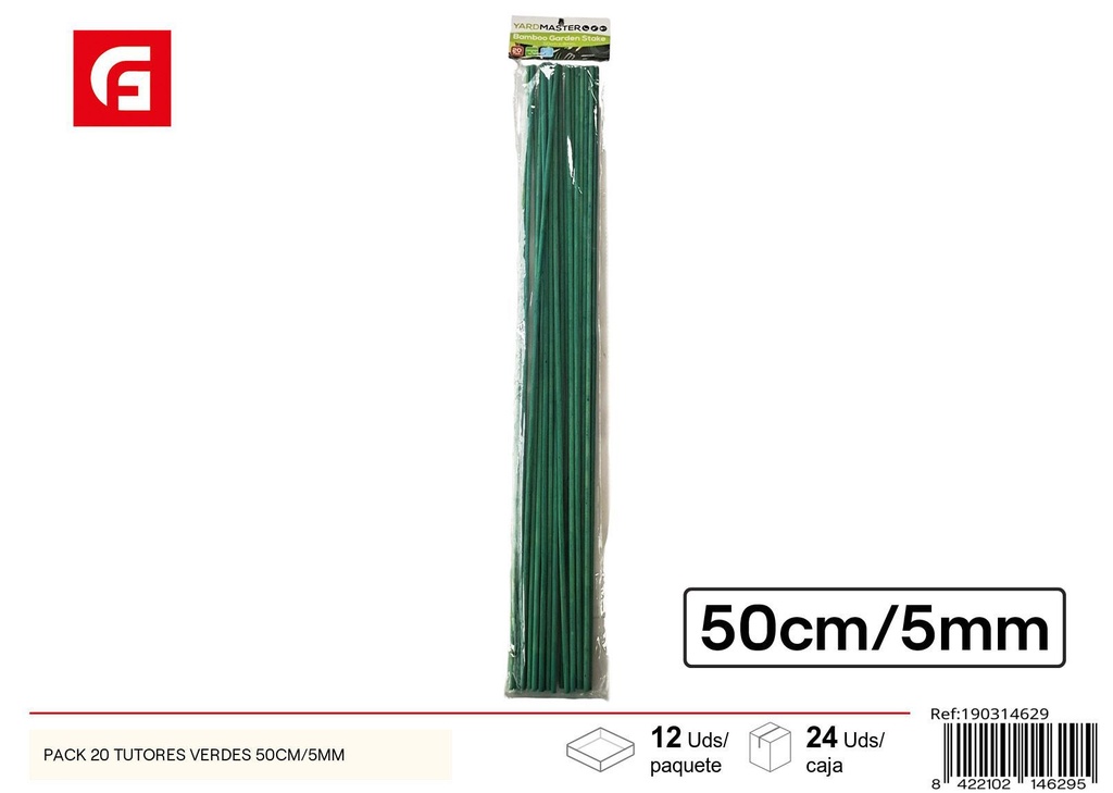 Pack de 20 tutores verdes de 50 cm/5 mm - Soporte para plantas