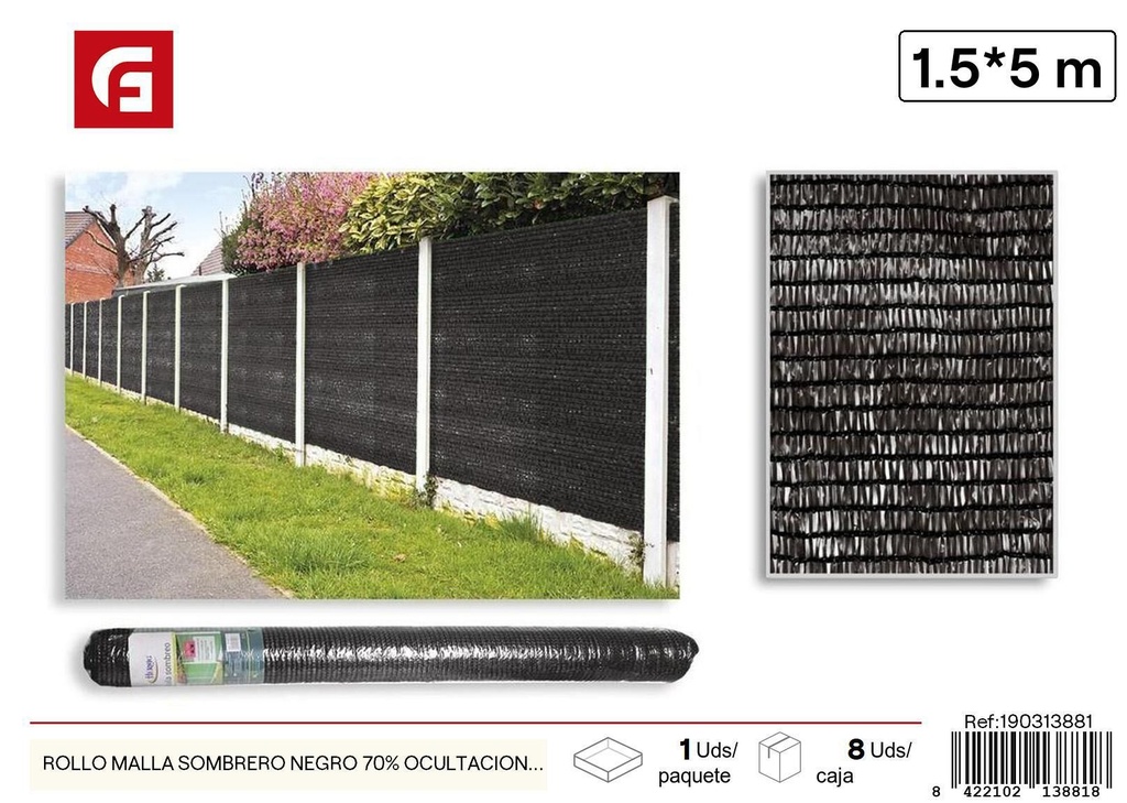 Rollo de malla de sombreo negro 70% ocultación 1.5x5m - Accesorios de jardín y mallas de sombra