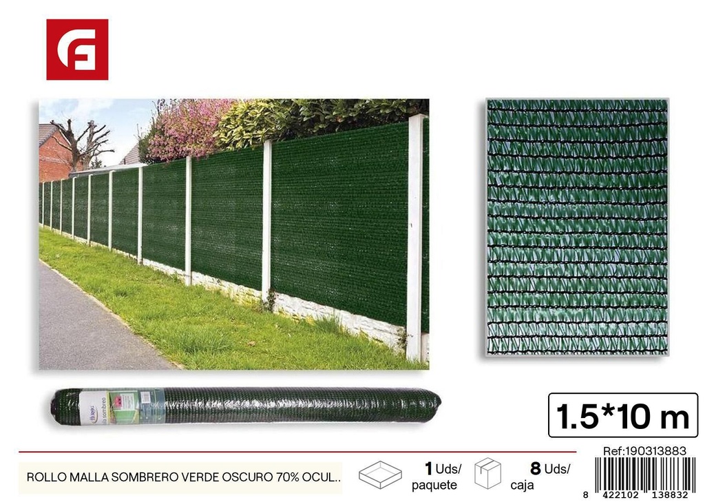 Malla de sombrero verde oscuro 70% 1.5x10m - Accesorios de jardín