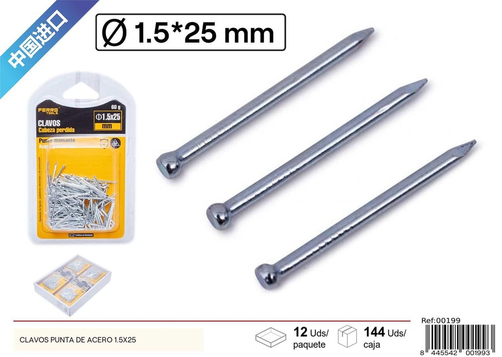 Clavos punta de acero 1.5*25 - Herramientas de ferretería y clavos