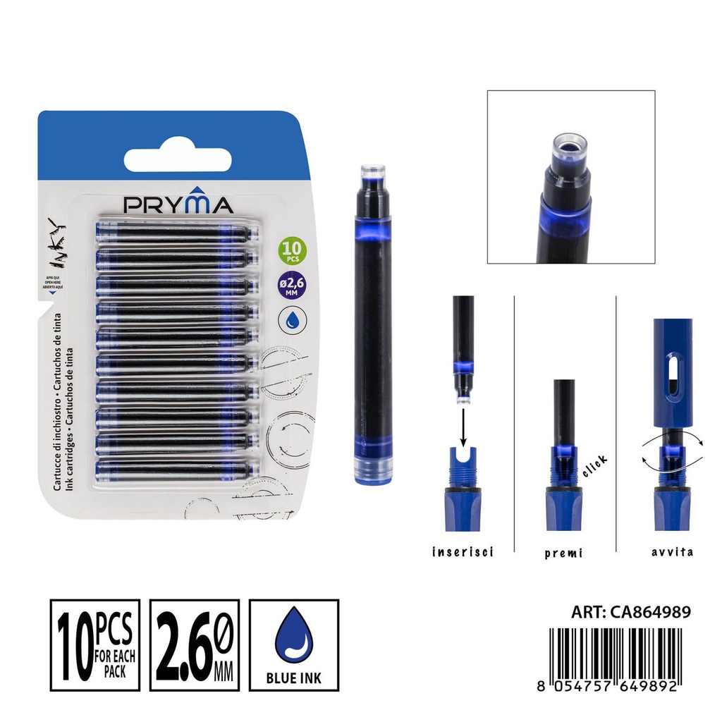 Cартuchos de tinta azul D.2.6 mm, 10 piezas - Material de escritura