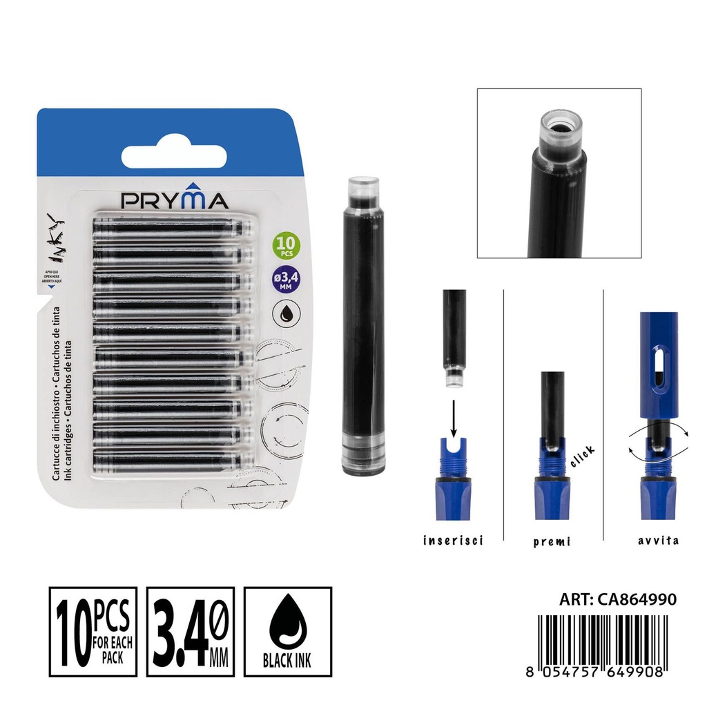 Cартuchos de tinta negra D.3.4 mm, 10 piezas - Material de escritura