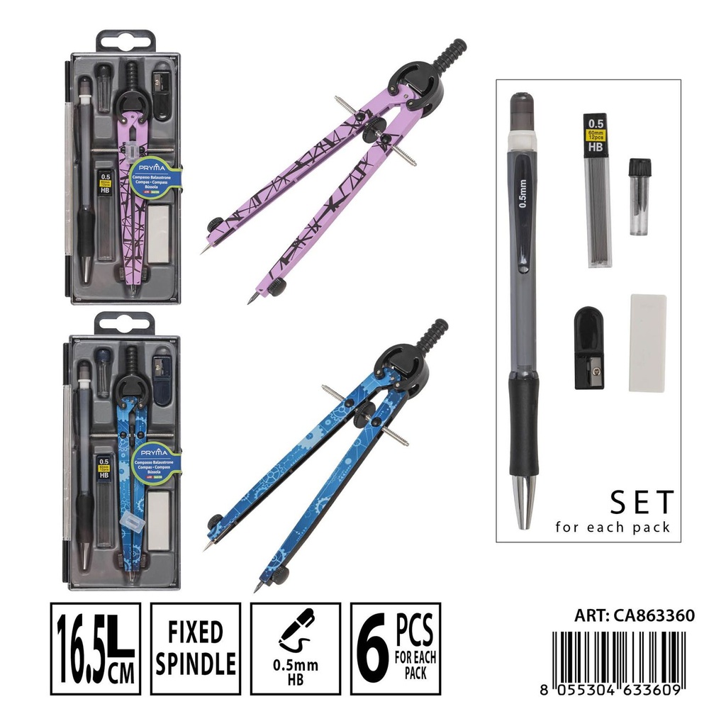 Compás escolar 6 piezas 16.5 cm - Herramientas de dibujo y papelería