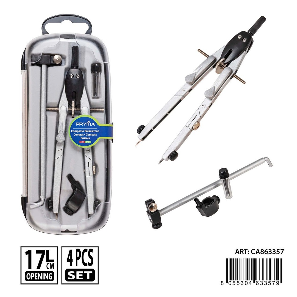 Compás escolar 4 piezas 17 cm - Herramientas de dibujo y papelería