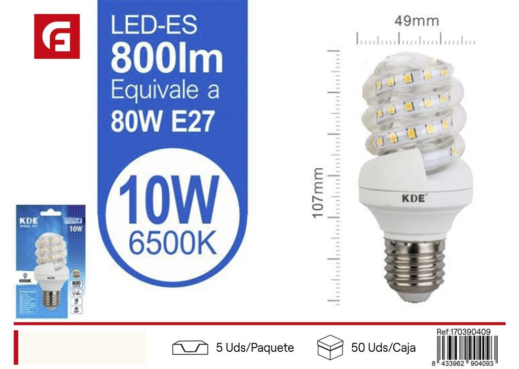 Bombilla LED espiral 10W E27 luz fría - Iluminación LED