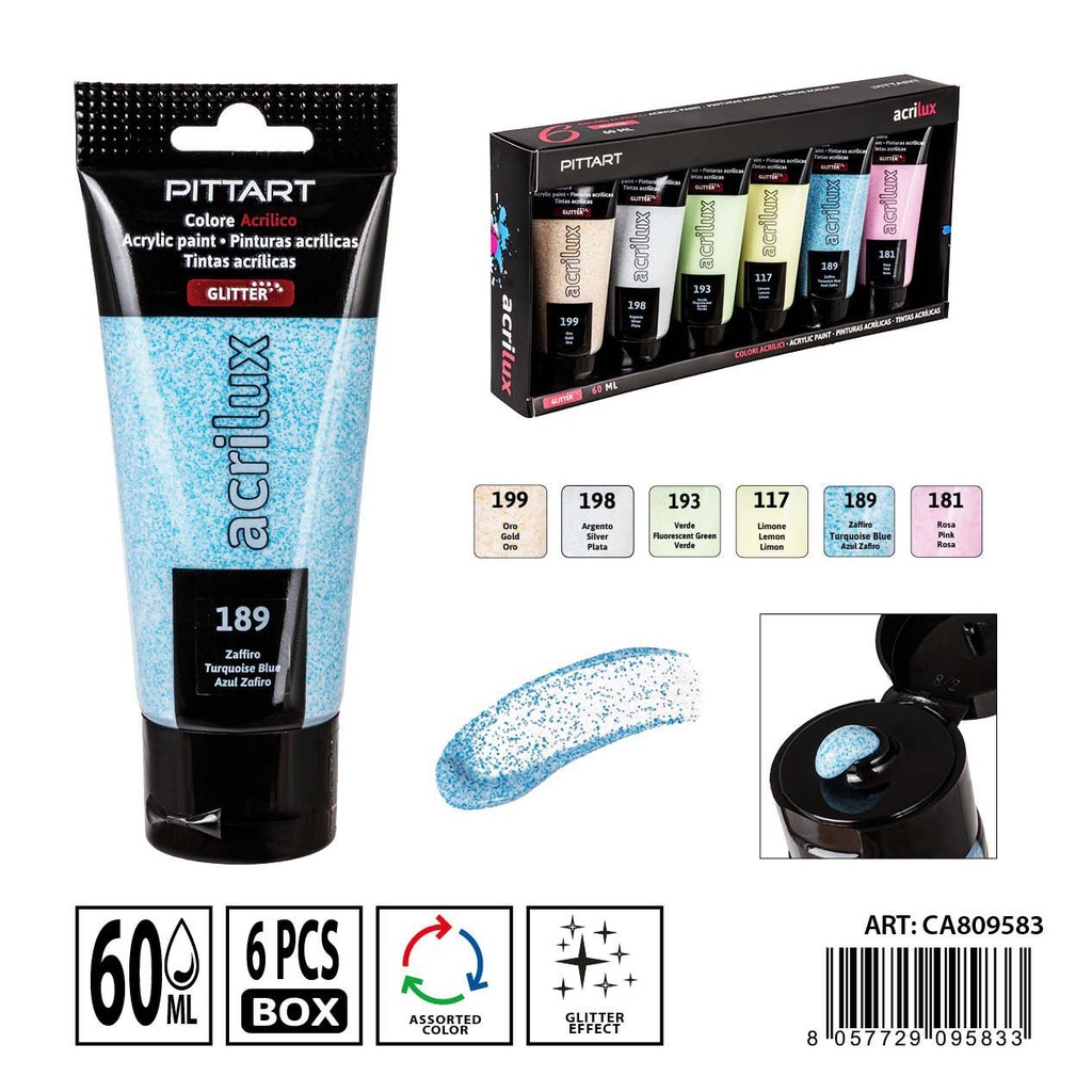 Pintura acrílica en tubo 60ml con purpurina - Set de 6 colores para arte