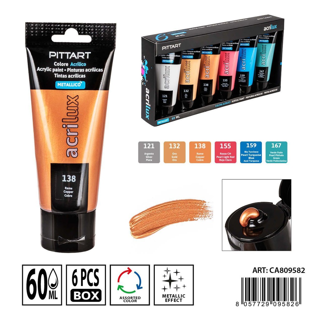 Pintura acrílica en tubo 60ml metálica - Set de 6 colores para arte