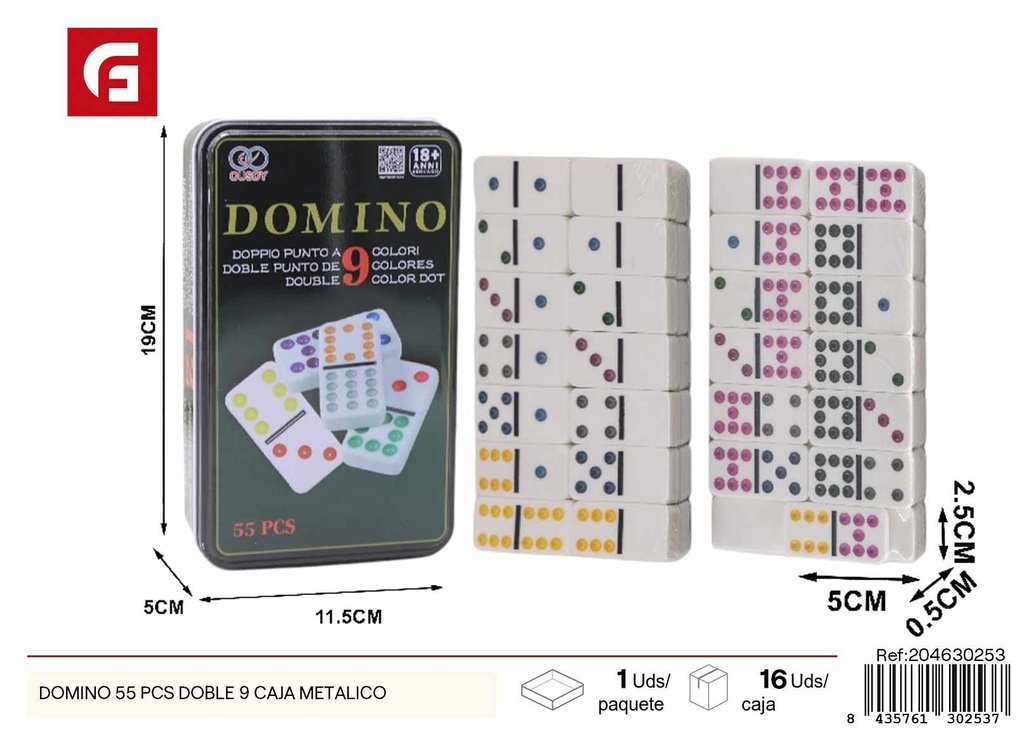 Dominio 55 pcs juego doble 9 caja metálica - Juegos de mesa