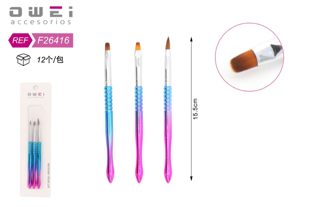 Set de pinceles para manicura 3 piezas 12 unidades F26416 - Accesorios de belleza