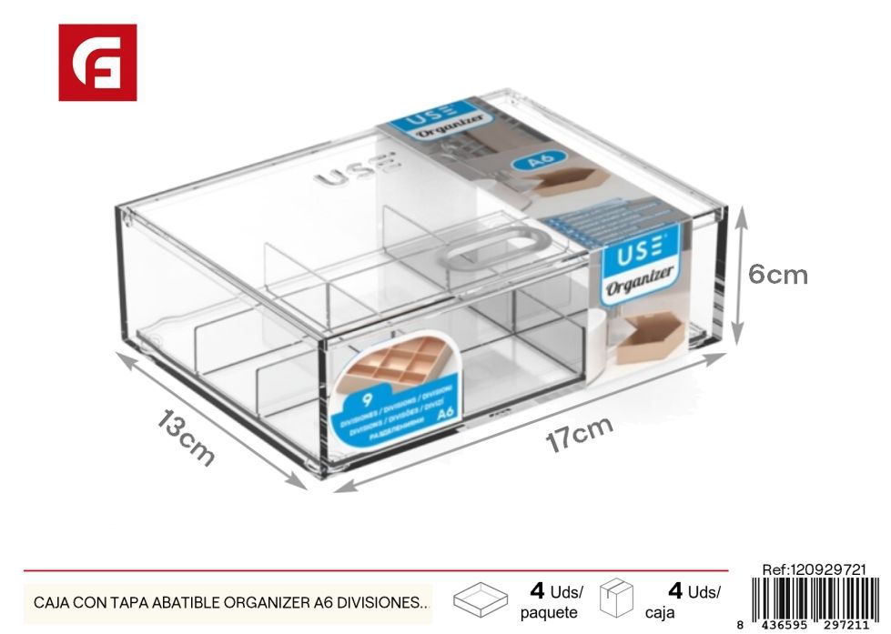 Caja organizadora transparente A6 con divisiones pequeñas y tapa abatible - Almacenamiento y organización