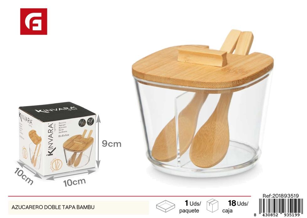 Azucarero doble tapa de bambú - Contenedor para azúcar y especias