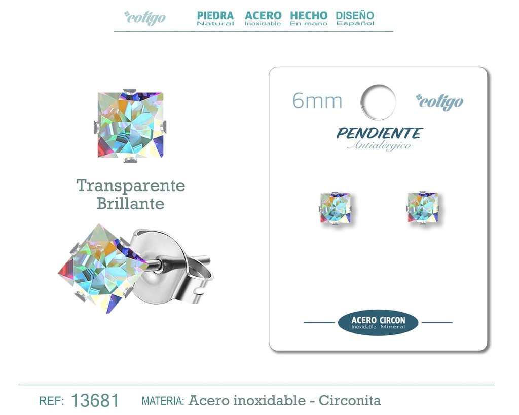 Pendiente cuadrado de circonita multicolor 6mm con base de acero plateado - Joyería de circonita