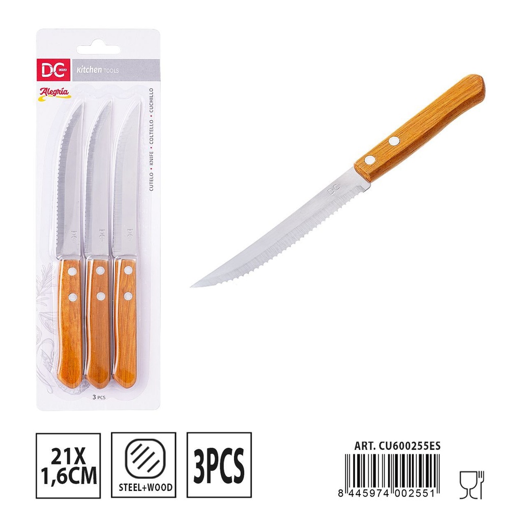 Cuchillo con mango de madera 21x1.6 cm 3 piezas - Utensilios de mesa
