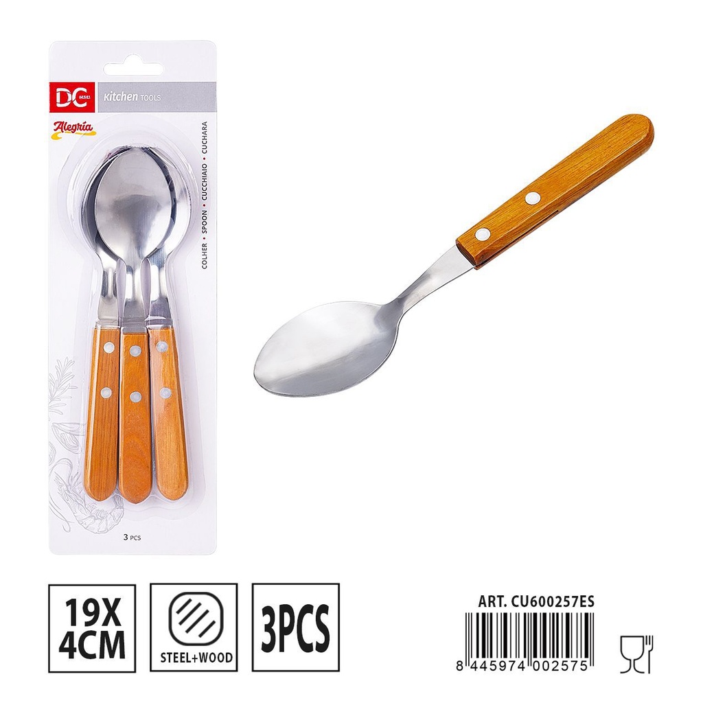 Cuchara con mango de madera 19x4 cm 3 piezas - Utensilios de mesa