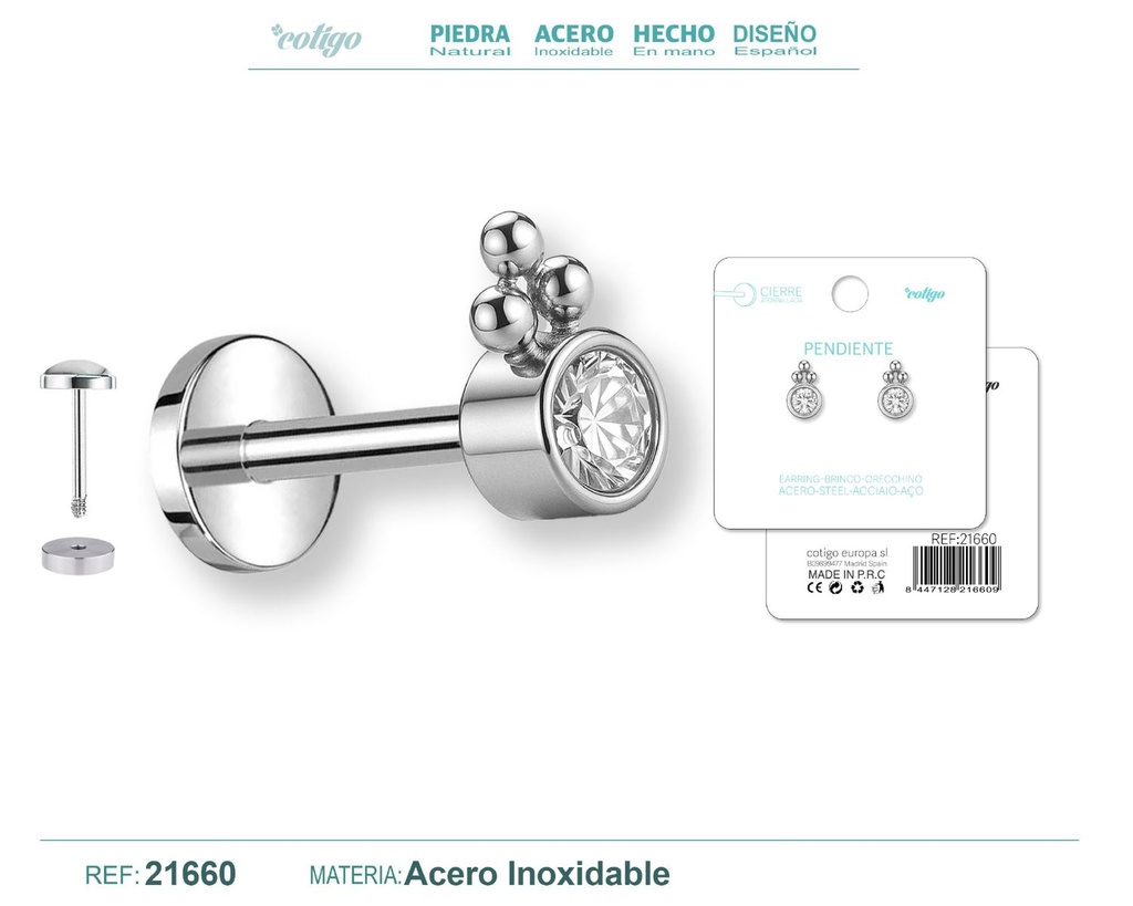 Pendiente de acero color plateado con cierre de rosca - Joyería práctica y moderna