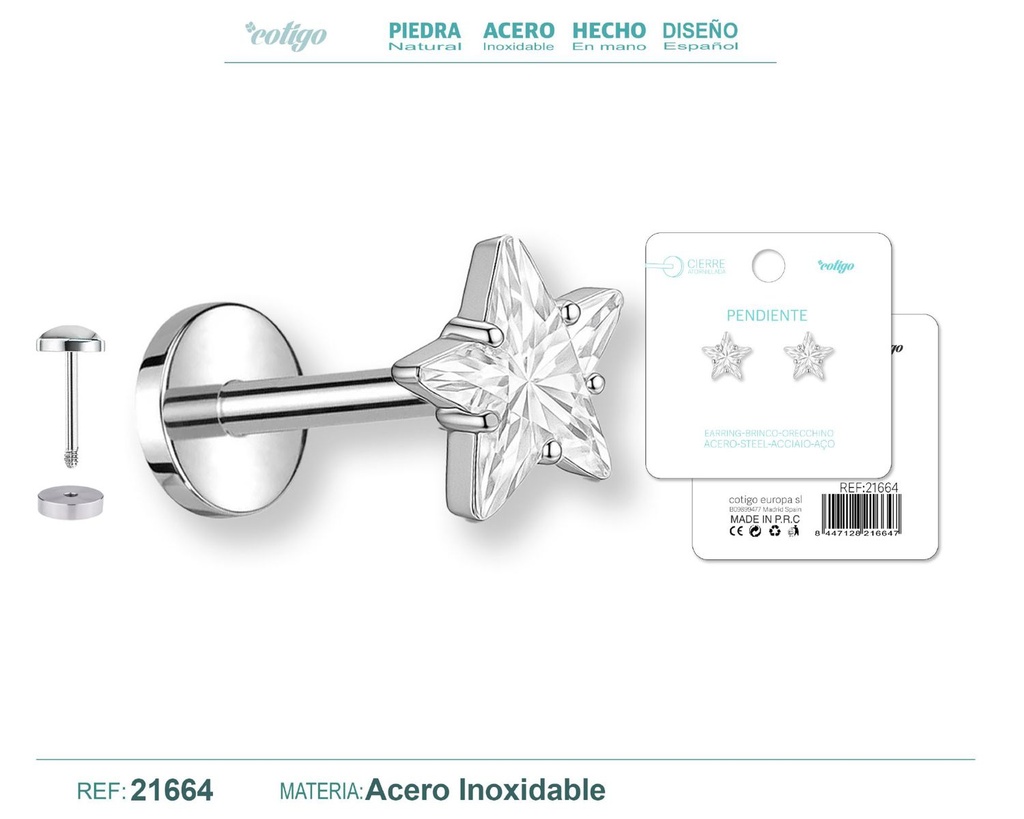 Pendiente de acero color plateado con cierre de rosca - Joyería práctica y moderna