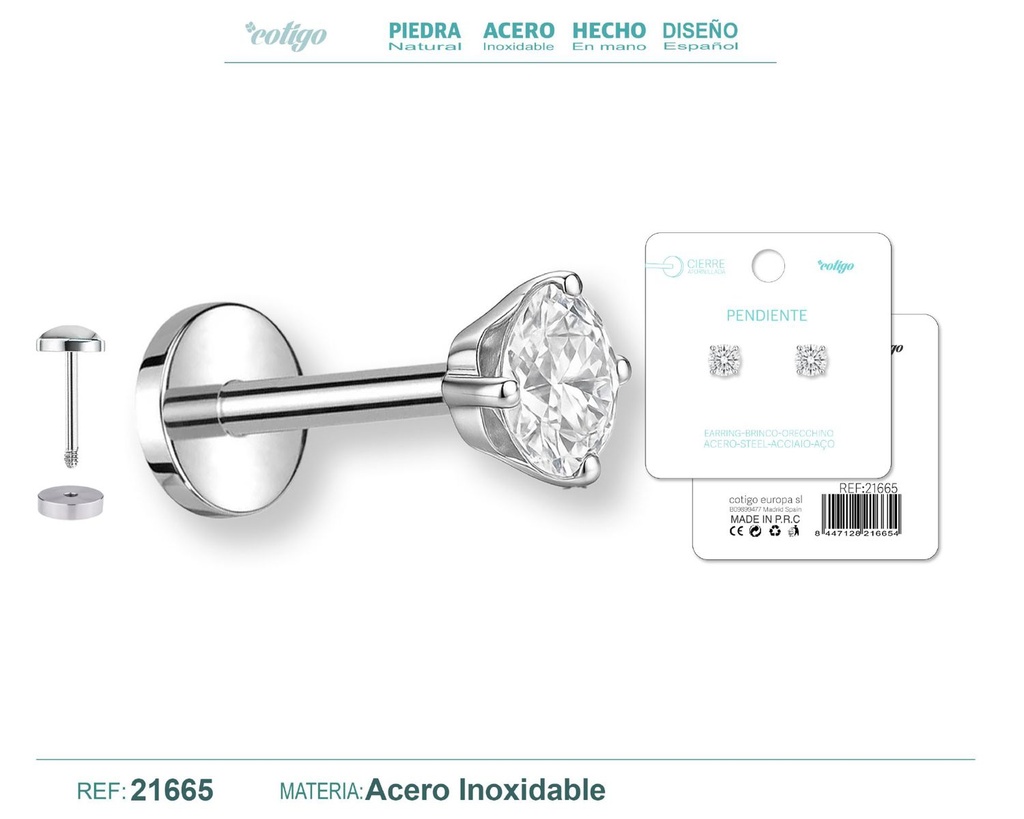 Pendiente de acero color plateado con cierre de rosca - Joyería práctica y moderna