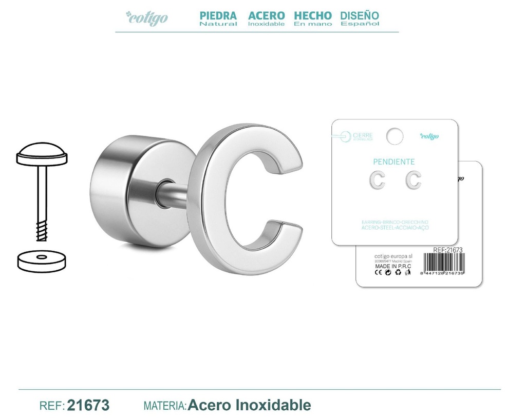 Pendiente de acero letra C color plateado con cierre de rosca - Joyería personalizada