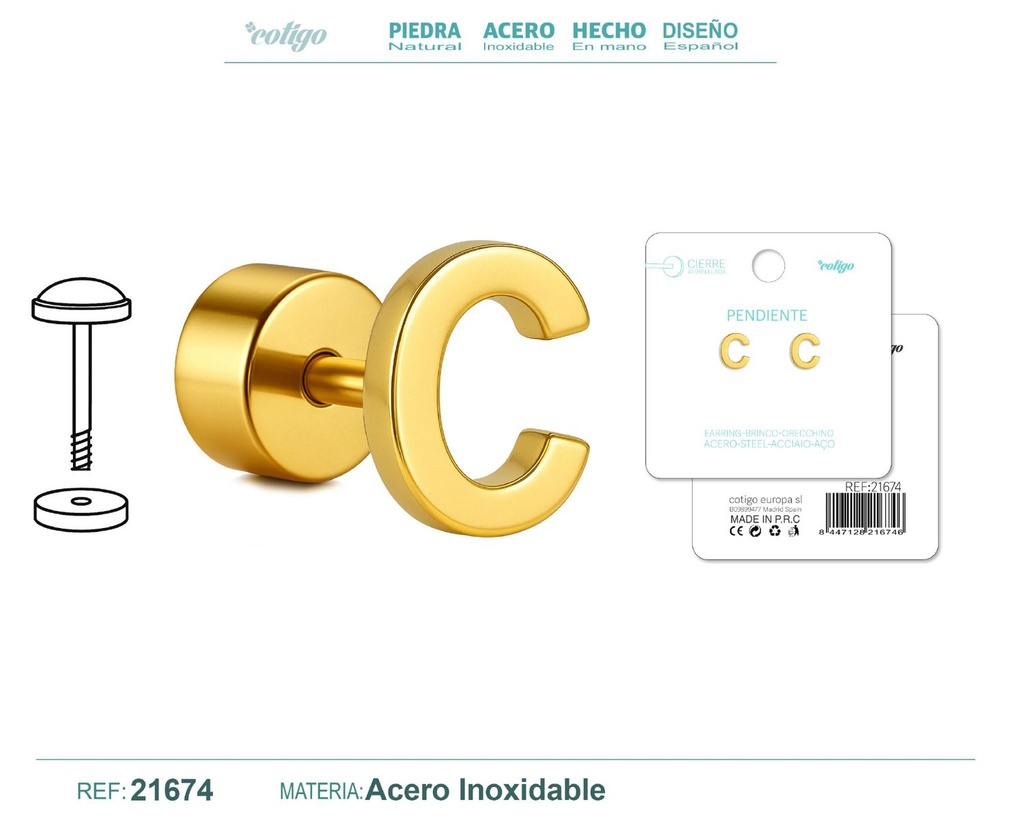 Pendiente de acero letra C color dorado con cierre de rosca - Joyería personalizada