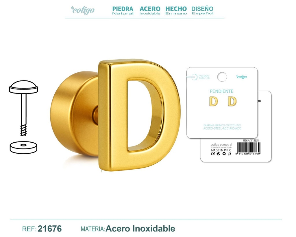 Pendiente de acero letra D color dorado con cierre de rosca - Joyería personalizada