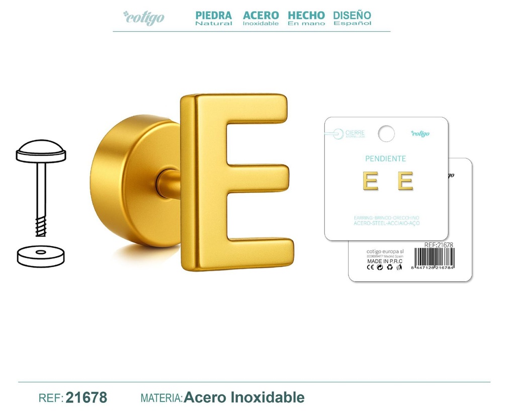 Pendiente de acero letra E color dorado con cierre de rosca - Joyería personalizada