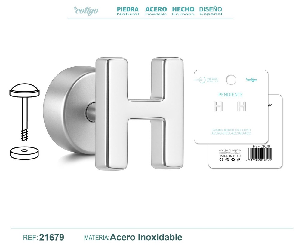 Pendiente de acero letra H color plateado con cierre de rosca - Joyería personalizada