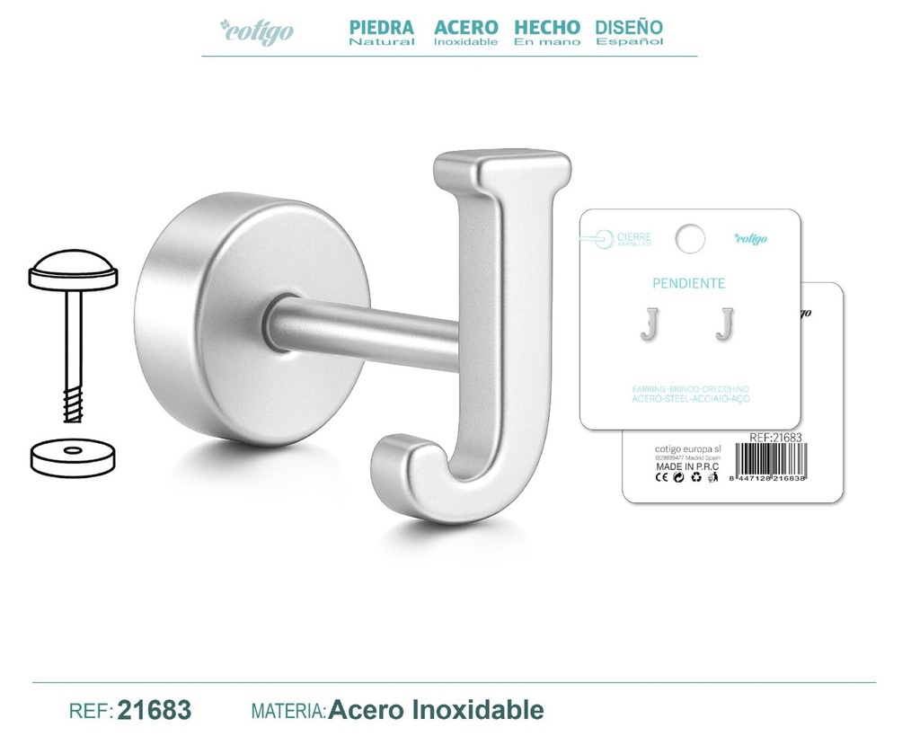Pendiente de acero letra J color plateado con cierre de rosca - Joyería personalizada