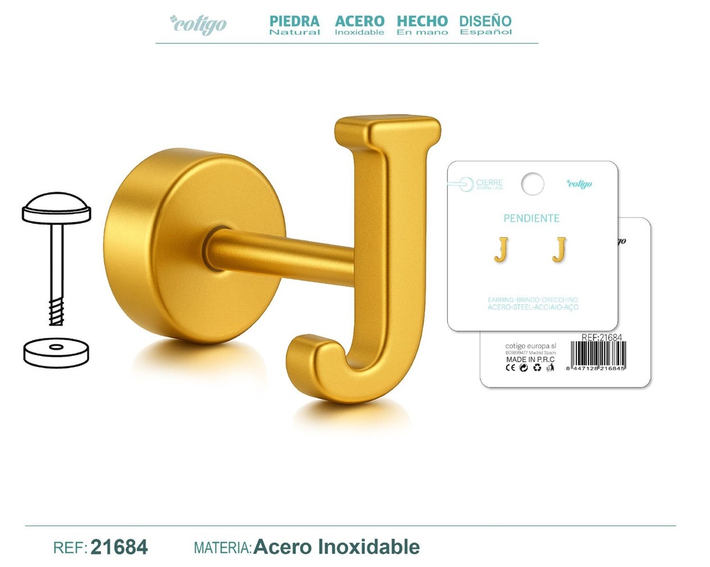 Pendiente de acero letra J color dorado con cierre de rosca - Joyería personalizada