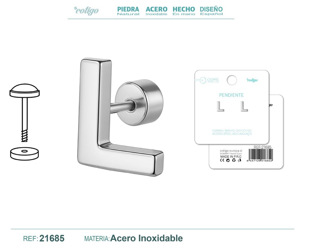 Pendiente de acero letra L color plateado con cierre de rosca - Joyería personalizada