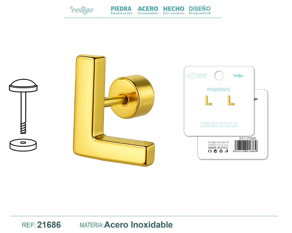 Pendiente de acero letra L color dorado con cierre de rosca - Joyería personalizada