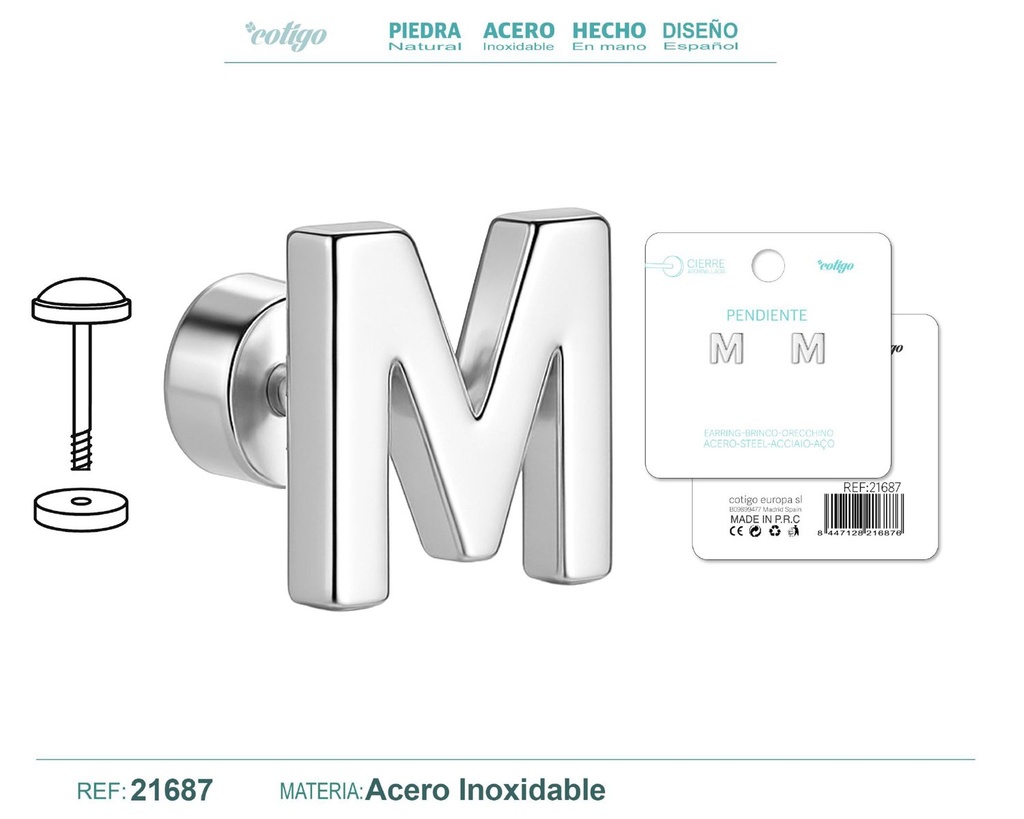 Pendiente de acero letra M color plateado con cierre de rosca - Joyería personalizada