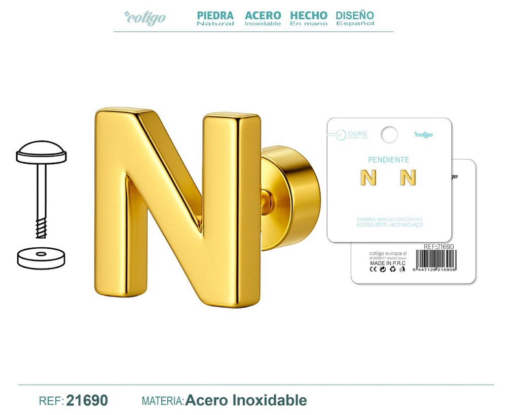 Pendiente de acero letra N color dorado con cierre de rosca - Joyería personalizada