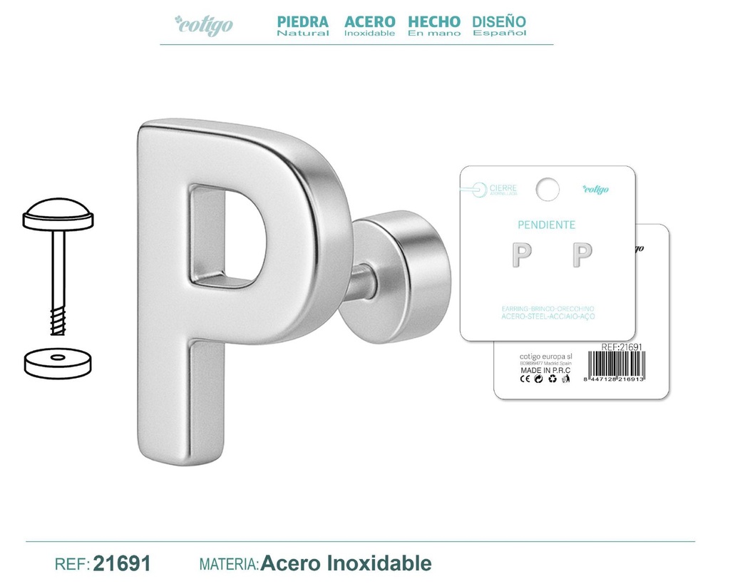 Pendiente de acero letra P color plateado con cierre de rosca - Joyería personalizada
