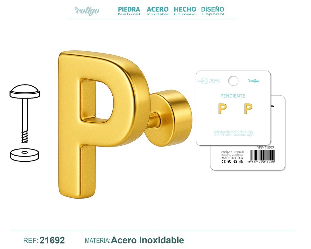 Pendiente de acero letra P color dorado con cierre de rosca - Joyería personalizada