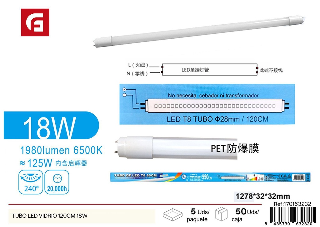 Tubo LED de vidrio 120 cm 18W - Iluminación y tubos de luz