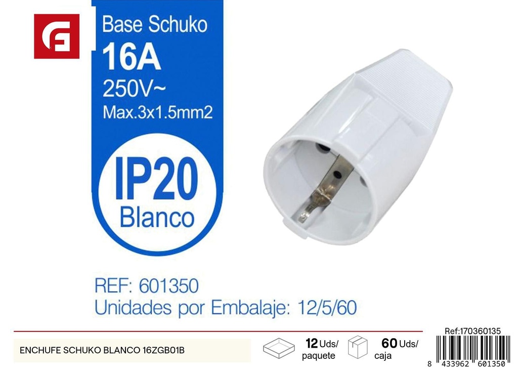 Enchufe Schuko blanco 16ZGB01B - Suministros eléctricos y enchufes