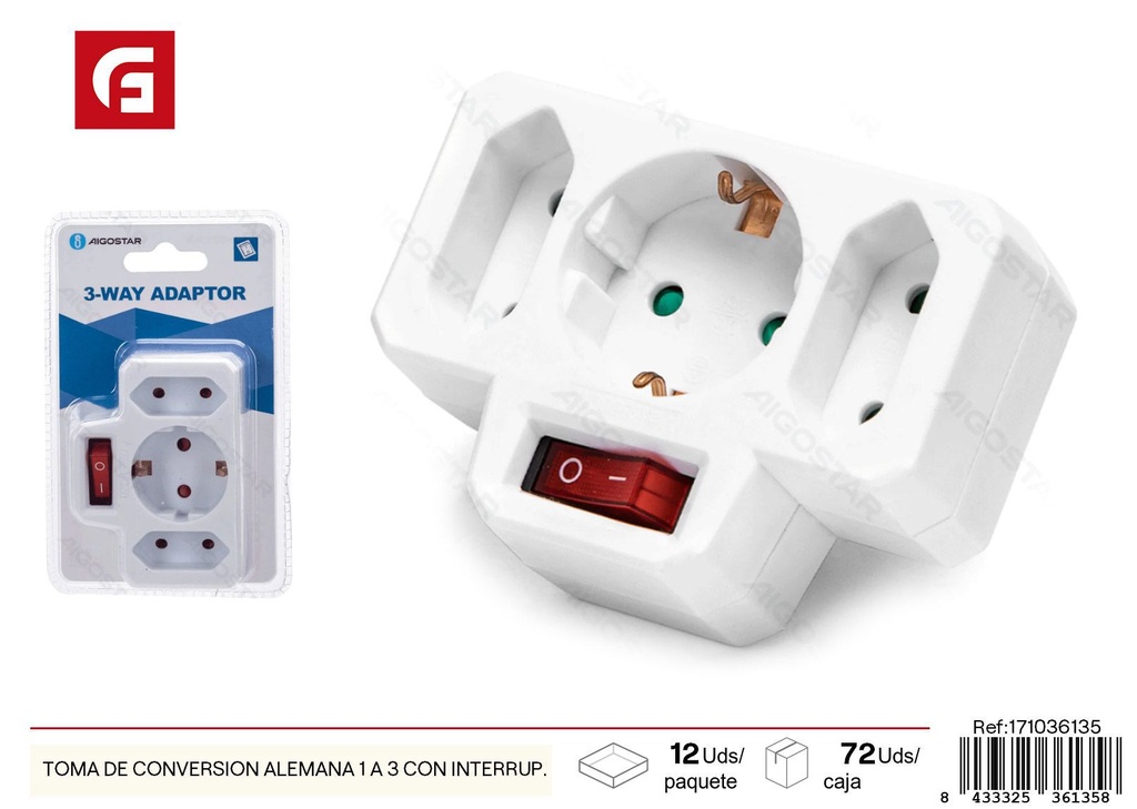 Toma de conversión alemana 1 a 3 con interruptor - Accesorios eléctricos para enchufes