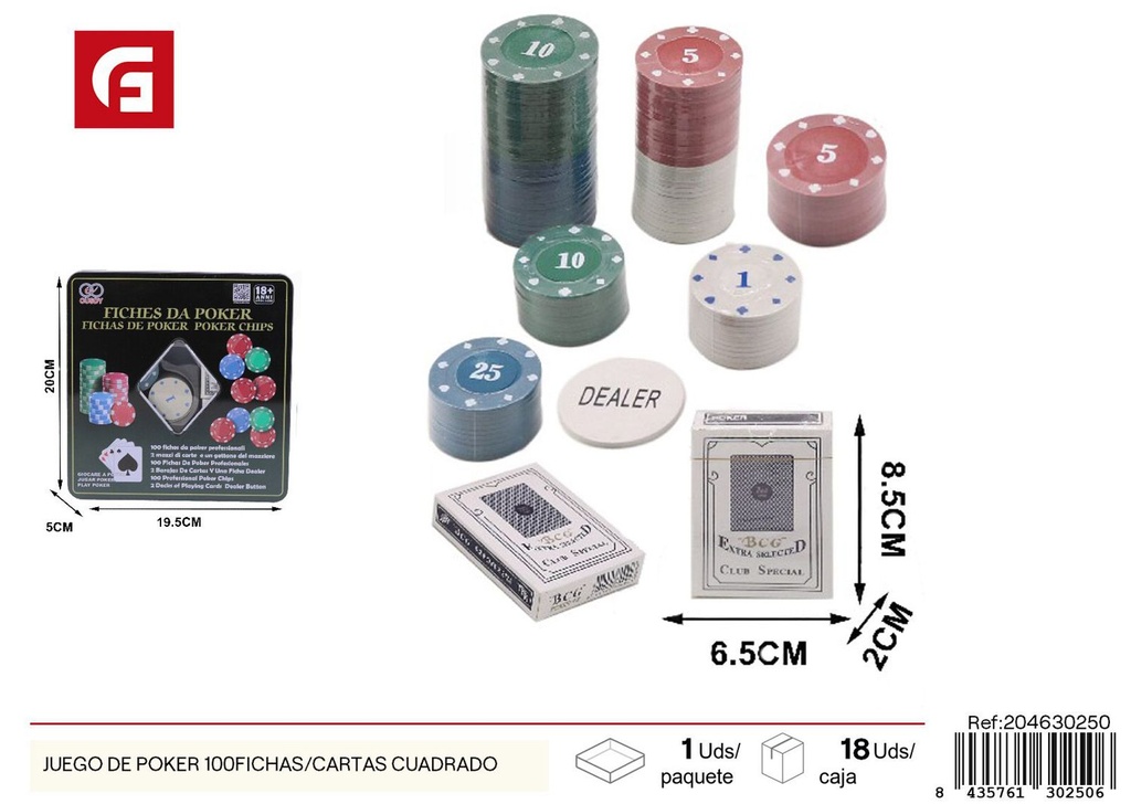 Juego de poker 100 fichas/cartas cuadrado - Juguetes de cartas
