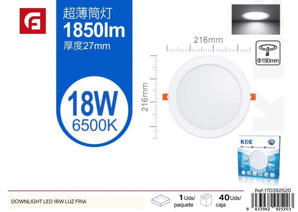 Downlight LED 18W luz fría - Iluminación y plafones