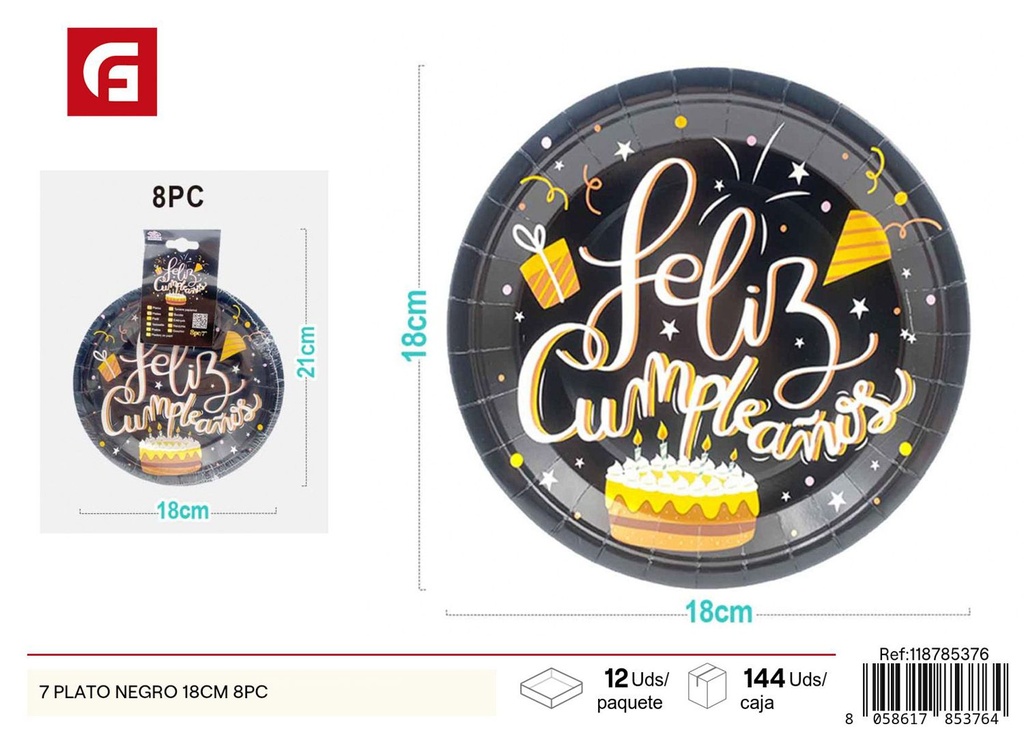 Platos negros de cumpleaños felices en español de 7 pulgadas 8 piezas 18 cm - Accesorios de fiesta